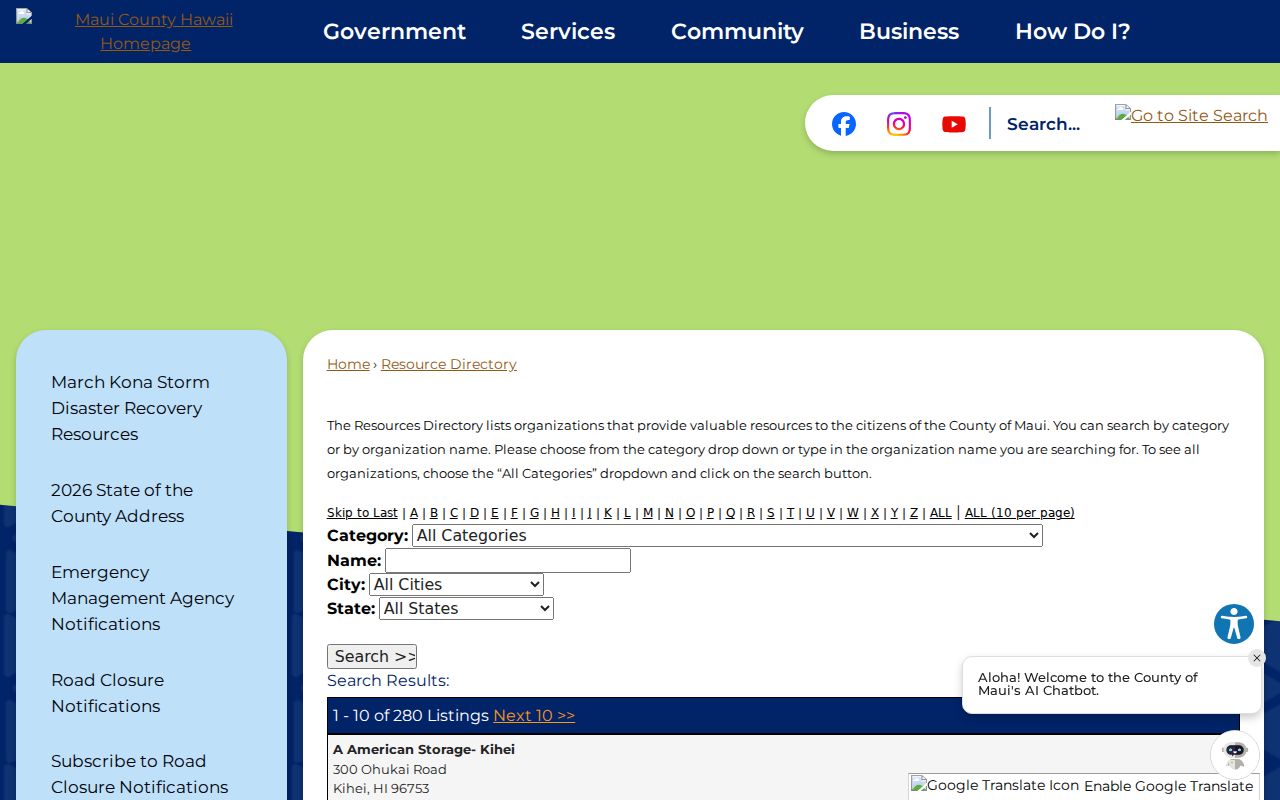 Kahului residents directory County resource listings