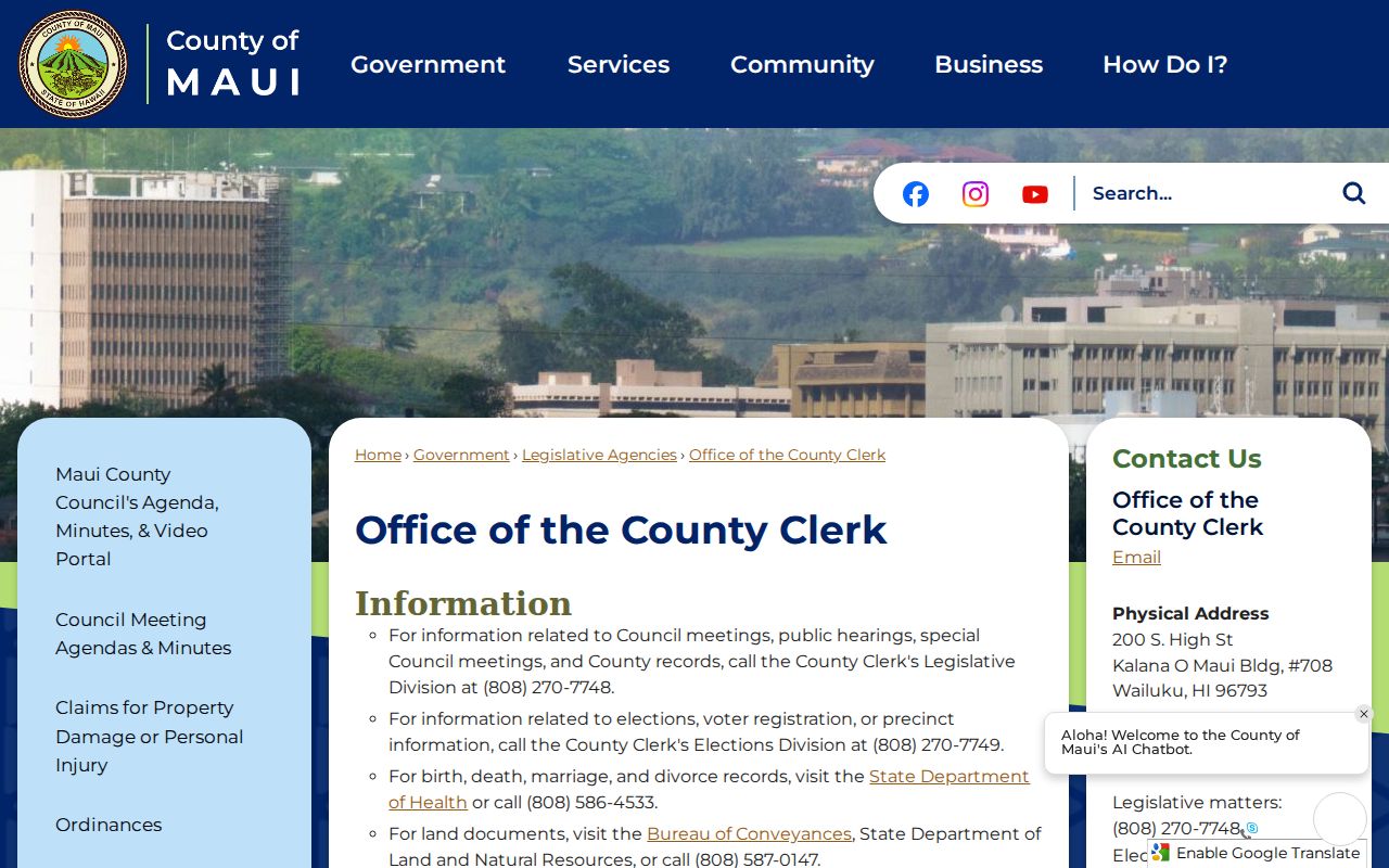 Kahului residents directory County Clerk routing