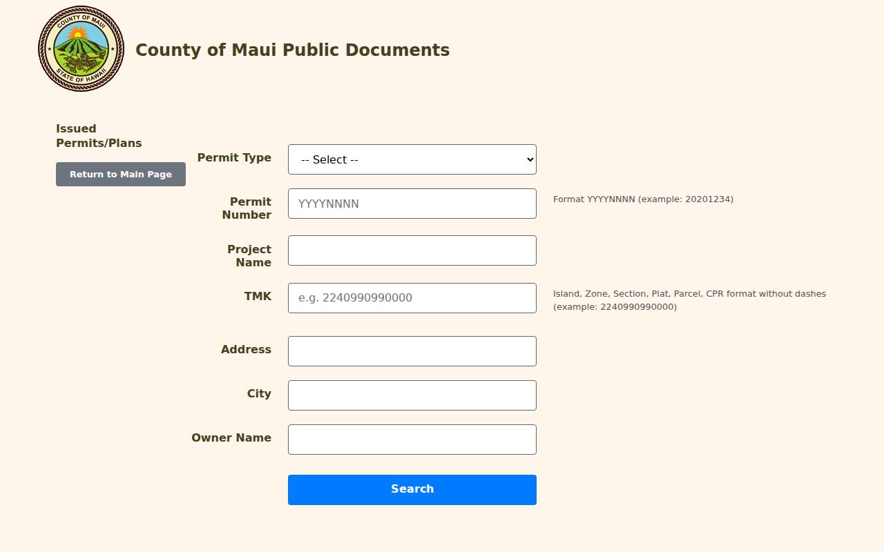 Maui issued permit form used to add context to a Kahului block