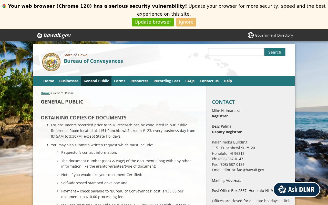 Hawaii Bureau of Conveyances public access page for Kahului deed research