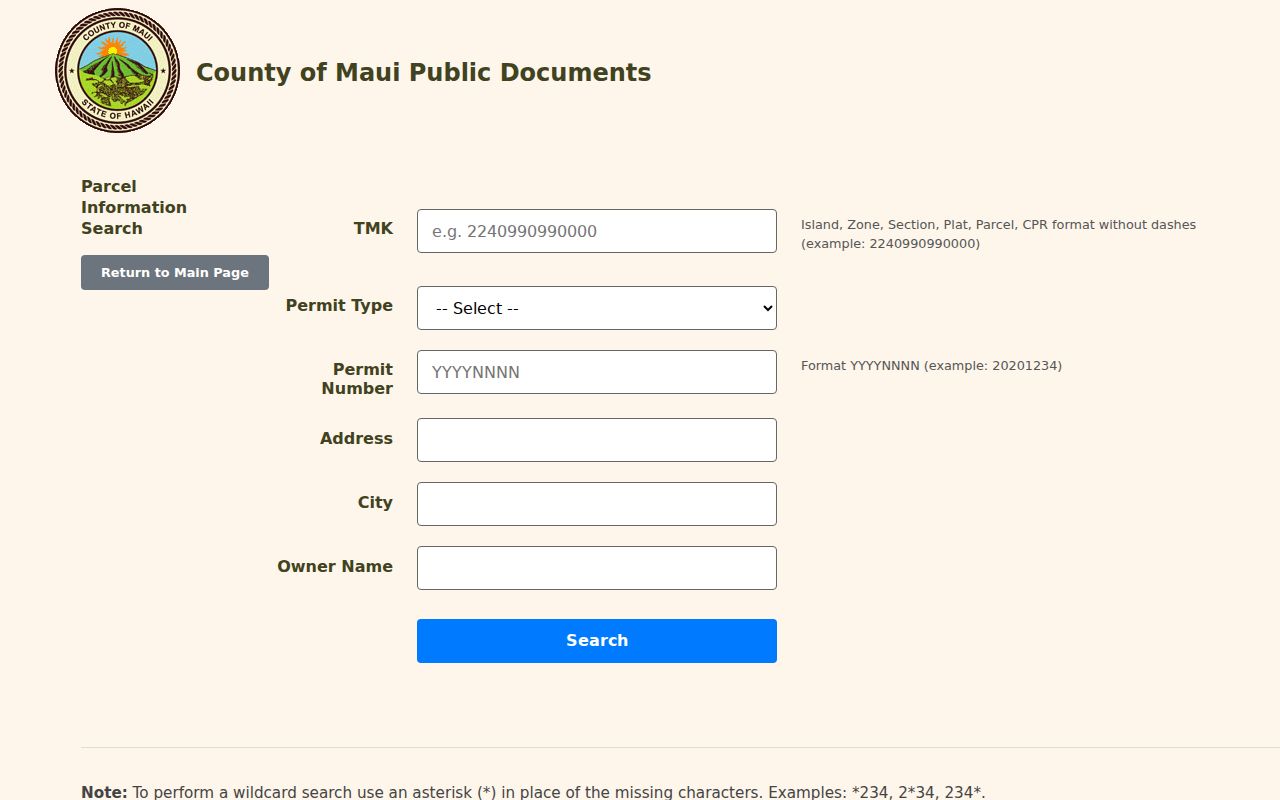 Kahului street directory parcel information search fields